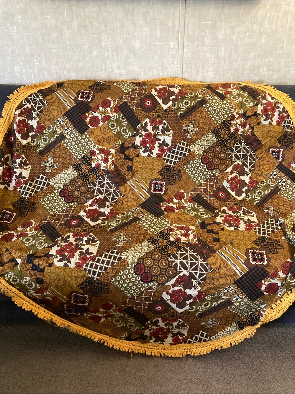 Vintage Tablecloth Round Fringe Harvest Gold MCM Vintage 50" Fall Floral Autumn